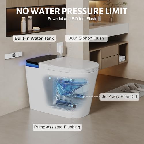 Image of Luxury Smart Toilet with Tank, Elongated Electric Bidet Toilet with Foam Shield, Cleaner Tablets, Dual Auto Flush /Lid&Seat, Foot Sensor, UV-C light, One Piece Toilets with Dryer, LED Display