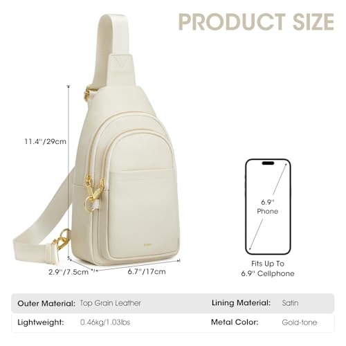 Image of Kattee Sling Bag for Women, Leather Crossbody Bag for Travel, Beige | Top Grain Pebbled Leather. RFID back pocket, small chest bag fit 6.9-inch phone, fanny pack with adjustable strap.