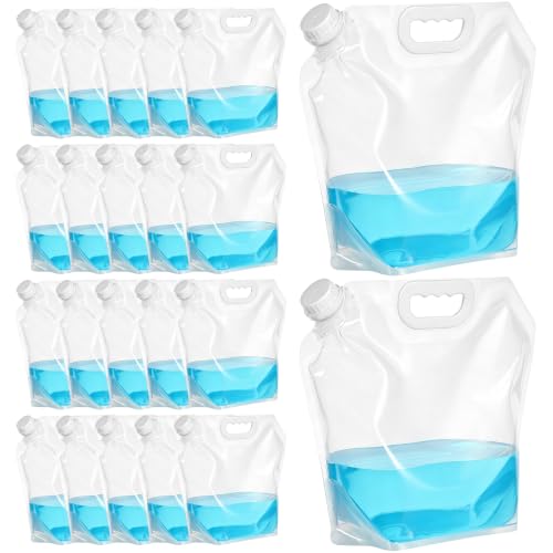 MAQUITA 20 Pcs Bolsa de Agua Plegable de Emergencia, Contenedor de Agua Plegable de 1.3 Gal, Almacenamiento Claro de Plástico para Camping, Senderismo, Viajes, Emergencia, Libre de BPA, Antiderrame, Congelable