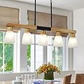 5-Light Kitchen Island Lighting? Dining Room Light Fixture/Chandelier Over Table, Hanging for Farmhouse Linear Chandeliers, Rustic Wood Ceiling Pendant Light Fixtures? with Frosted Glass Shade