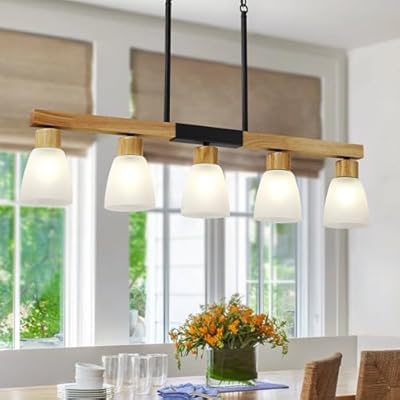 5-Light Kitchen Island Lighting? Dining Room Light Fixture/Chandelier Over Table, Hanging for Farmhouse Linear Chandeliers, Rustic Wood Ceiling Pendant Light Fixtures? with Frosted Glass Shade