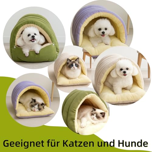 2 in 1 Warmes Katzenbett Winter 45cm, Kuschelhöhle Katze & Hundehöhle Kleine Hunde, Waschbar & Faltbar, Katzenkorb mit Dach, Plüsch Katzenschlafplatz & Versteck für Katzen mit Fellhandschuh(M)
