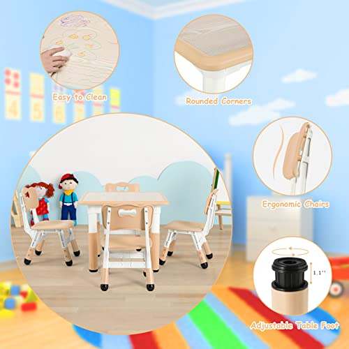 Arlopu Big Kids Study Table And 4 Chair Set, Height Adjustable Toddler Table And Chair Set For 4, Multifunctional Toddler Table, Reading, Drawing, Eating Interaction (Beige, Square Table) #TOP3