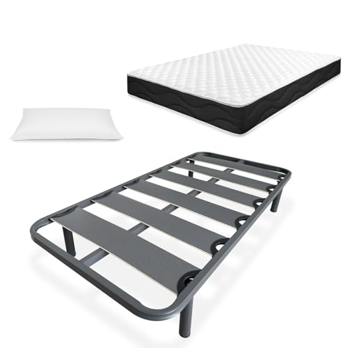 Homey - Cama Completa con Colchón Sleep Pro Reversible + Almohada + Somier de Láminas Reforzado con 4 Patas Cilíndricas Metálicas Roscadas, 90 x 190