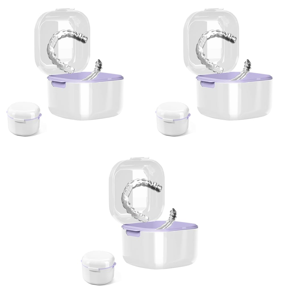 HASTHIP® Denture Case Bath Cup Box Holder Storage Soak Container with Strainer Basket for Travel Retainer Cleaning White 3PCS-image-7