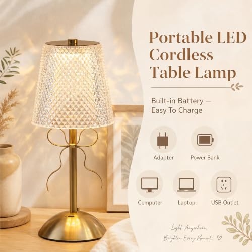 Image of Liliful 2 Pcs Cordless Table Lamp Rechargeable Touch LED Small Gold Portable Battery Operated USB-c Desk Lamp 3 Color Dimmable for Bedroom Living Room Dining (Gold,Crystal Cut Style Bow)