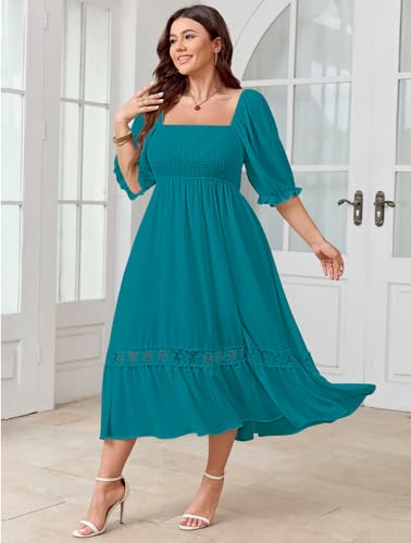 Image of SCOMCHIC Women's Plus Size Boho Maxi Dress Short Sleeve Square Neck Smocked Flowy A-Line Lace Trim Wedding Guest Dresses