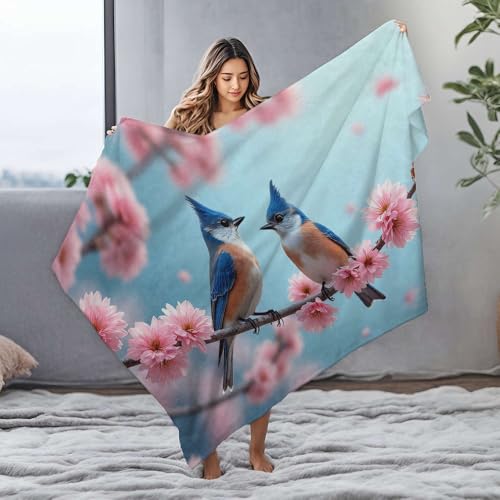 Couverture en flanelle oiseaux et cerisier, la douceur d'un printemps