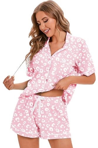 LUBOT 100% Cotton Women's Pajamas Set Short Sleeve Button-Down Shirt PJ 2 Piece Set Printed Patterned Summer Night Suit Sleepwear Loungewear (LightPink Leopard, L)