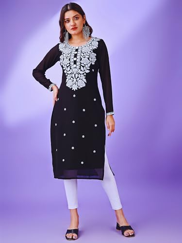 Image of HESVI Women's Georgette White Lakhnavi Chikankari Kurti with Intricate Embroidery Work