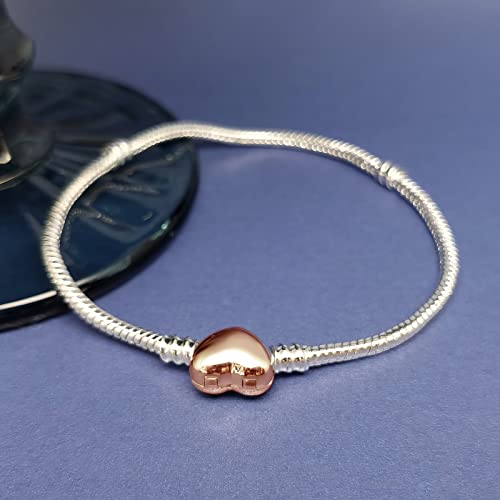 Rose Gold Heart Closure Qeensekc Rose Gold Heart Clasp Snake Chain Bracelet For Women Girls Fit European Pandora Style Charm Bead 21Cm Br Barrel Heart Rose 21 0 #TOP2
