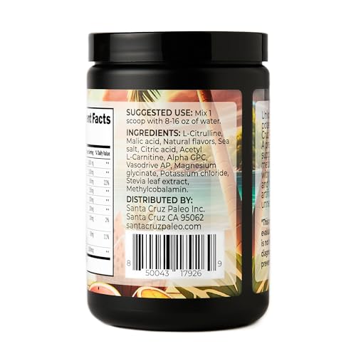 Image of Santa Cruz Paleo Pre Workout Powder Electrolytes, Magnesium, Potassium, Sea Salt & L Citrulline, Caffeine & Sugar Free Preworkout Drink Mix for Energy & Hydration, Island Punch Flavor, 30 Servings