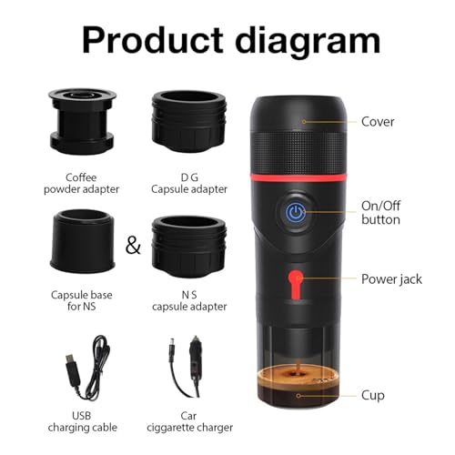 aqxreight Tragbare 3-in-1-Kaffeemaschine mit Kapseln, Extraktion von Gemahlenem Kaffee, Elektrische Kaffeemaschine mit Zigarettenanzünderkabel für Auto, Reisen, Wohnmobil, Camping (Schwarz 4 aqxreight Tragbare 3-in-1-Kaffeemaschine mit Kapseln, Extraktion von Gemahlenem Kaffee, Elektrische Kaffeemaschine mit Zigarettenanzünderkabel für Auto, Reisen, Wohnmobil, Camping (Schwarz