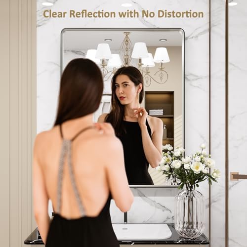 brushed nickel bathroom mirror rounded rectangle silver metal frame