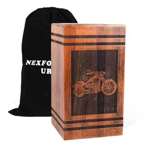 NEXFORTUNE Extra Large Urns for Human Ashes Adult Man Male Full Size 300 Cubic Inches Cremation Urns for Human Ashes (11.4 H) Carved Solid Wooden Urn for Ashes Adult Male Motorcycle Urn for Dad