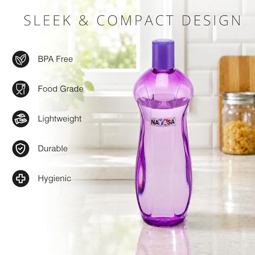 Image of Nayasa Loopy 1000 ML Pet Plastic Fridge Water Bottles Set of 6 | BPA Free | Leak Proof | Airtight Lid | Purple