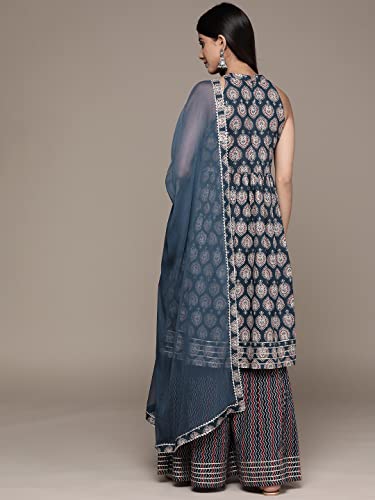 Image of ishin Women's Pure Cotton Maroon Abstract Printed A-Line Kurta suit set with Sharara & Dupatta