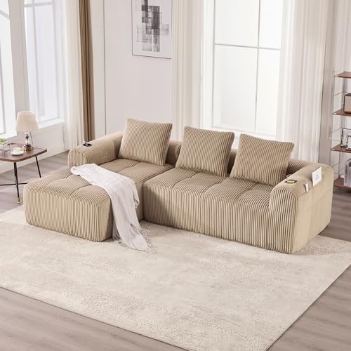 MODENVIE Sofá cama modular de 253 cm en forma de L sin montaje, sofá esquinero sin marco con chaise longue a la izquierda, asiento extra profundo (asientos bajos), sofá nube vacío para salón, color