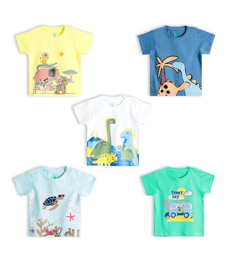 Image of YUV Infant Baby Boys & Girls 100% Cotton Printed Multicolor Half Sleeve T Shirts - 0 to 24 Months Babies, Pack of 5