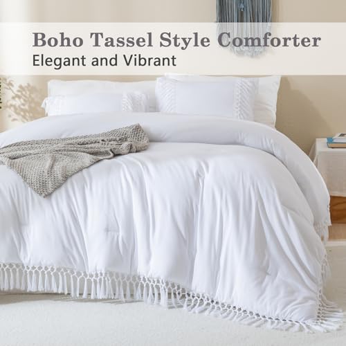 Image of Andency White Full Size Comforter Set, 3 Pieces Boho Tassel Lightweight Soft Bedding Comforter Sets, All Season Fluffy Fringe Bed Set (79x90In Comforter & 2 Pillowcases)