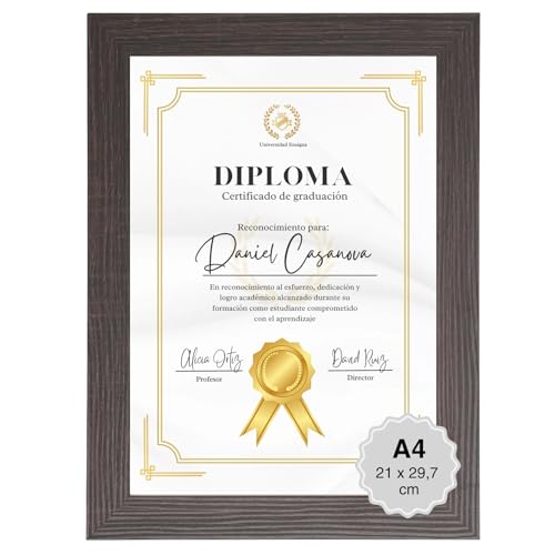 MARCOFOTO Marco de Fotos A4 Marrón Oscuro (21x29,7 cm) Portafotos de Pared en MDF con Cristal - Ideal para Diplomas, Certificados, Pósters y Fotografías - Decoración Hogar y Oficina