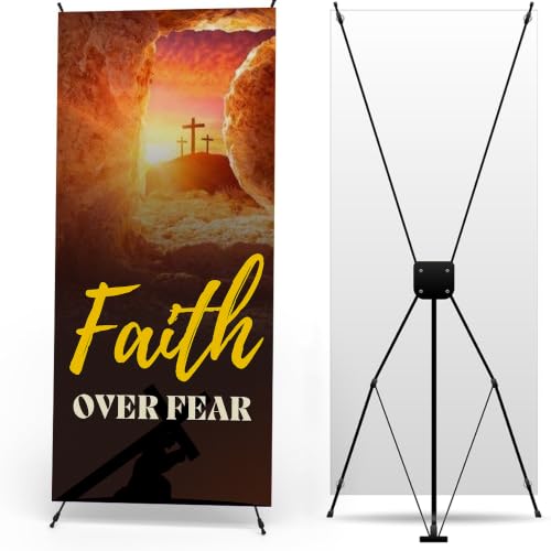 DreamController Church X-Stand Banner by DC | 30"x65" Adjustable Tripod Display | Faith Over Fear Vertical Banner for Trade Shows & Events | Cross Stand Included | Made in USA