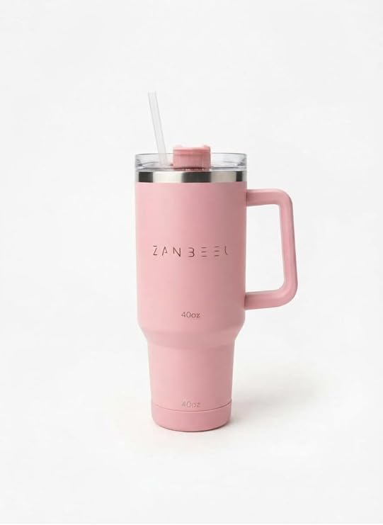 Large Capacity Insulated Tumbler with Handle and Straw, Stainless Steel Vacuum Travel Mug, 40oz (Pink)