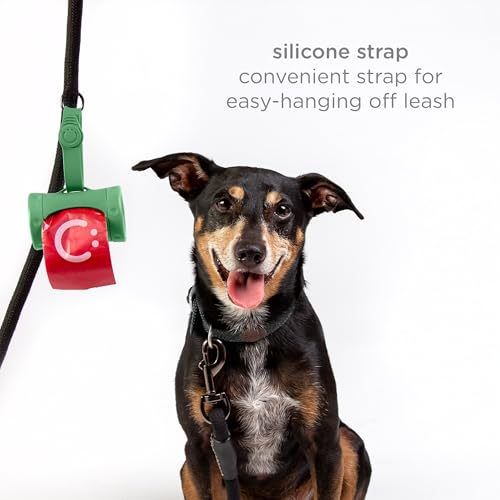 Image of Ubbi Retractable Dog Poop Bag Holder and Dispenser with Silicone Strap Leash Attachment, Includes 2 Rolls of Lavender Scented Leakproof Waste Bags, Green