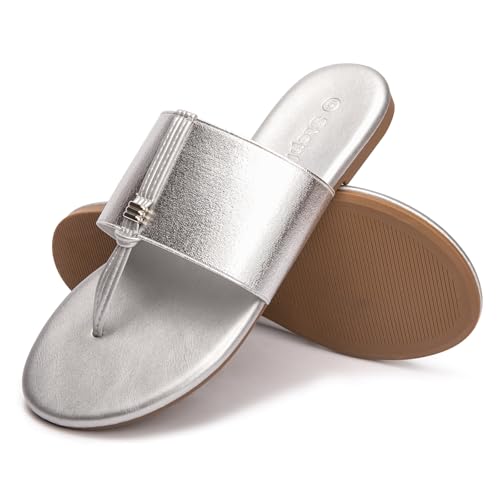 Women's Elastic T-Strap Sandals - Comfortable Slip-On Summer Flats, Stretchy Slide Sandals for Walking, Beach, and Casual Wear Silver 073