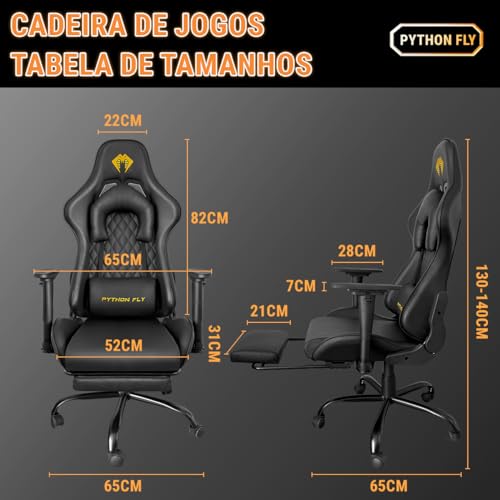 Cadeira Gamer Python Fly Deluxe, Design Ergonômico, Ajuste De 90-150 Graus, Design Preto E Dourado