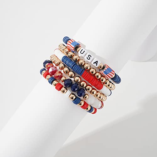 Pychee PYCHEE-01 American Flag Bracelet Surfer Heishi 4Th Of July Bracelets Set For Women Stackable Gold Clay Ploymer Bead Stretch Bracelets Summer Beach Layering Bracelets Jewelry thumb #1