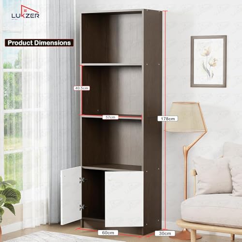 Image of Lukzer 4-Layer Engineered Wood Bookshelf with Door | Multipurpose Storage Cabinet for Home, Office, Library | Wenge Finish | (Wenge /MR-020 /178 x 60 x 30 cm) DIY Assembly with Detachable Components