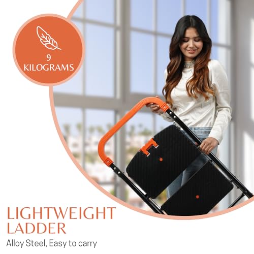 Image of BRANCO Heavy Duty Folding Ladder with Wide Steps | Lifestyle 6 Steps Foldable Ladder | Slip-Resistant | High Strength Long Durable for Home, Kitchen | (Black & Orange)