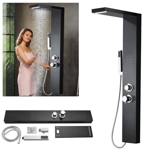 UISEBRT Panneau de douche en acier inoxydable brossé - Montage d'angle - Colonne de douche 4 fonctions avec douche à effet pluie, buses de massage, douchette...