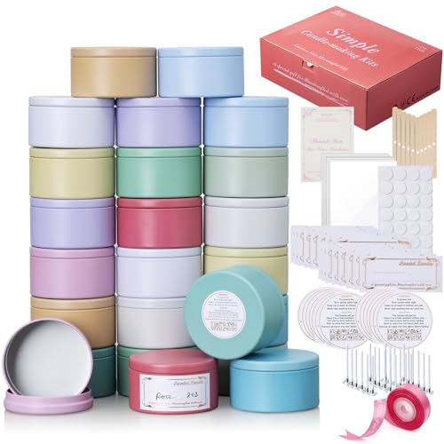 DIY Candle Making Gift Set Inclued 24PCS 8oz Candle Tins with Lids 28 Wicks 8 Holders & 32 Stickers 26 Warning Labels 26 Writable Lables 26 Gift Bags 10m Ribbon 1 Gift Box & 1 Gift Card