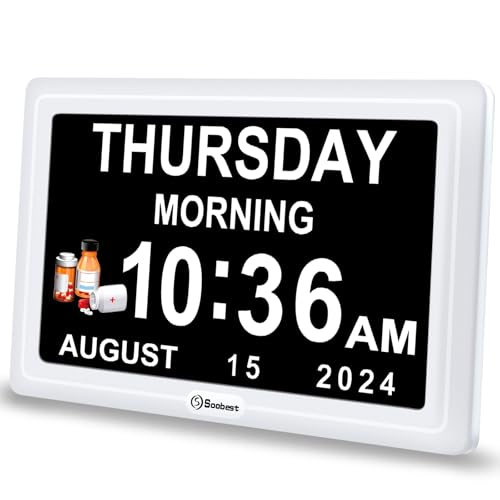 Soobest Digital Dementia Alarm Clock Large Display Day Clock for Seniors with 12 Reminders for Elderly Calendar Desk Clock with Date for Gift 8 Language for Bedroom 7 Screen Adapter Included