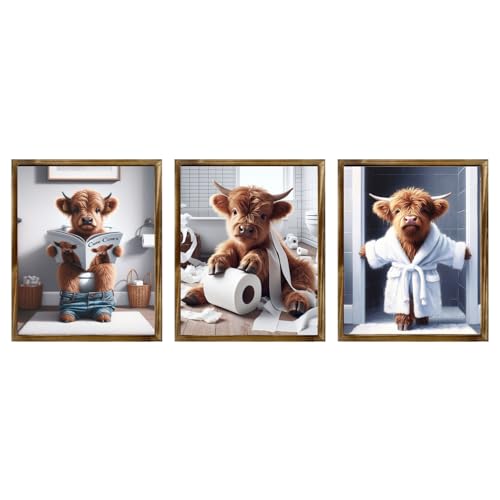 TWNSLLA Highland Cow Bathroom Decor Wall Art,Farmhouse Bathroom Wall Art Cow on Toilet Pictures Wall Decor,Funny Animal Art Prints for Restroom Toilet Signs,Unframed,8x10inchx3pc