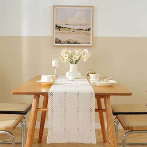 Chemin de table en macramé blanc pompons nappe cuisine 76x610cm