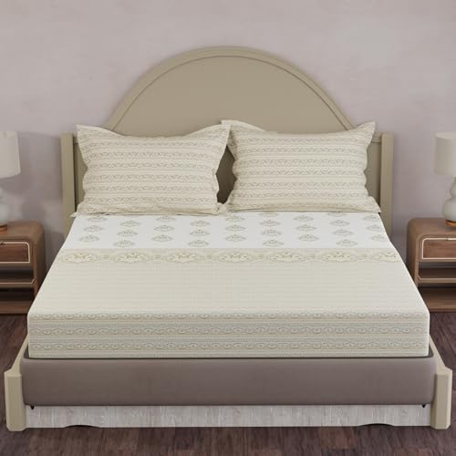 Image of Layers 100% Cotton King Size Bedsheet Set | Cream Ethnic Print | 120 TC Forever Collection | Soft & Breathable | Washable Bedsheet with 2 Pillow Covers | All Season