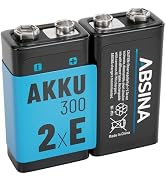 ABSINA 9V Blockbatterie Akku wiederaufladbar 300 mit 8,4 Volt &amp; min. 270mAh | 2er Pack Block Batt...