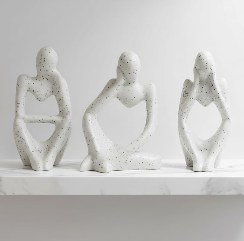 Image of Thinker Men Statue Set of 3 Modern Art Showpiece Sculpture Decoration Items for Home Decor Living Room Bedroom Bookshelf Table Office (Beige Crystal Thinker)