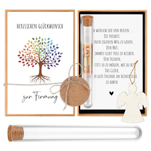 Hestya Firmung Geschenke für Mädchen Jungen Firmung Geldgeschenke für Jungen Mädchen mit Karte Reagenzglas Holz Engel Geldgeschenke Verpackung(Lebensbaum)