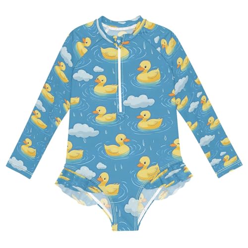 Yellow Ducks Swimming Rain Girls Long Sleeve Swimsuits One Piece Zipper Bathing Suit UPF 50+ Rashguard Swimwear
