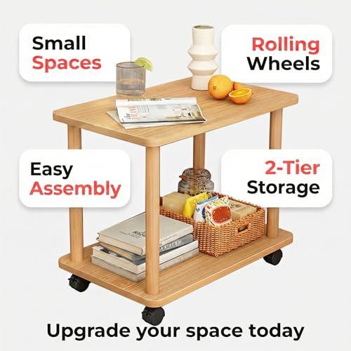 Rolling Sofa Side Table, 2-Tier Small End Table, Easy Assembly Wood Overbed Table with Wheels, Storage Table for Record Player, Laptop, Rustic Mobile Snack Coffee Table for Living Room (Wooden) - Image 2