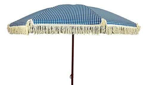 LIFE IS Ombrellone 200 cm, 8 stecche in fibra di vetro.Palo 32 mm in acciaio effetto legno con snodo.Tessuto poliestere con frange. Stampa blu