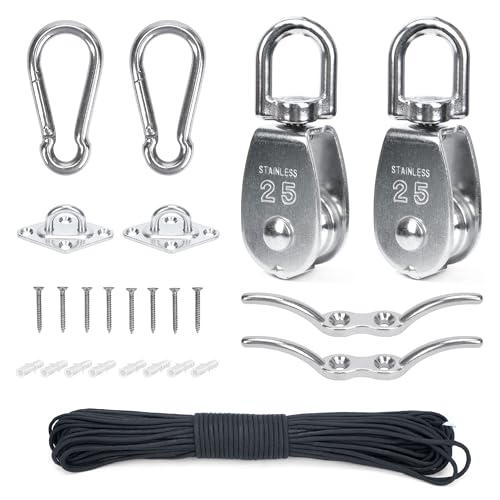 lesolar Crane Pulley Block, 2pcs M25 Pulley Block 304 Stainless Steel, 360° Swivel Pulley Block Wheel, Single Hanging Wire Towing Wheel with 20m/4mm Nylon Line Rope (Loading 330lbs)