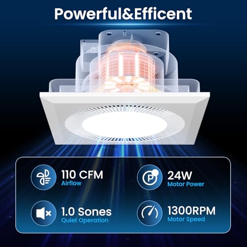 Image of Hon&Guan Bathroom Exhaust Fan with Light, Upgraded Quiet Square Bathroom Vent Fan with Adjustable LED Light 3000K /4500K /6500K, 110 CFM, 1.0 Sones, Exhaust Fan with Light for Home Bath Hotel