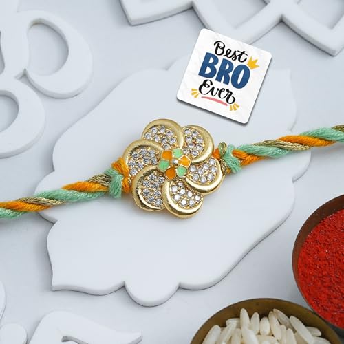 Image of eCraftIndia Yellow Green Flower Rakhi for Brother Bhaiya Bhai with Best Bro Ever Fridge Magnet | Roli Chawal Pack