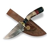 Handmade Damascus Mini Steel Stag Antler Knife - 7 Inch Razor-Sharp Knife, Fire Forged, Leather Sheath Gift for Hunter Camping EDC Knives Ideal for Skinning and Carry