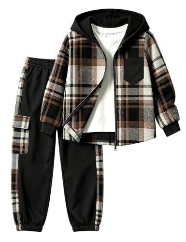 Image of Toddler Boy Clothes Plaid Hooded Shirt White T-shirt Top and Solid Color Pants 3Pcs Winter Boys Clothes